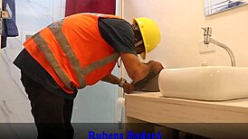 Brunette Latina Fucked By Plumber In Bathroom With Helmet.