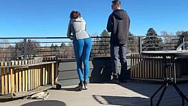 Dickflash roof adventure! Little redhead slut gives fast handjob and blowjob while boyfriend waits
