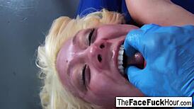Cute blonde slut endures rough facial from two cocks