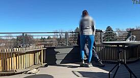 Dickflash roof adventure! Little redhead slut gives fast handjob and blowjob while boyfriend waits