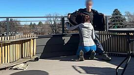 Dickflash roof adventure! Little redhead slut gives fast handjob and blowjob while boyfriend waits