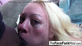 Cute blonde slut endures rough facial from two cocks