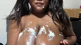 im covering whipcream on these monster tits and theyre so huge i cant stop staring at the big nipples