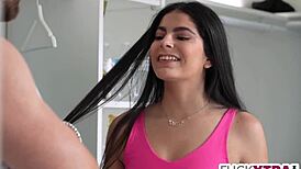 Shy blonde petite girls spied in locker room by lucky boy, leading to deepthroat and muff diving action