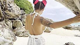 Monika Fox swims in the sea, fucks her pussy with a big dildo on the white sand beach!