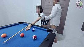 Thai girl climbs pool table and gets fucked hard