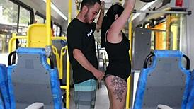 old fat guy jerks off and cums on curvy brunette in bus