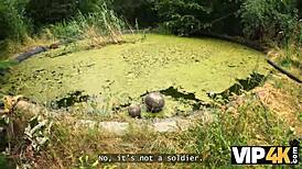 Babe with pierced nipples and tattoos seduces for forest cock pounding