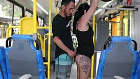 old fat guy jerks off and cums on curvy brunette in bus