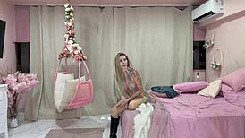 caught on cam eating hot blonde's hairy pussy on hammock swing backstage fuck