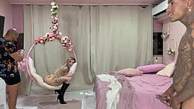 caught on cam eating hot blonde's hairy pussy on hammock swing backstage fuck