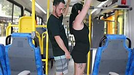 old fat guy jerks off and cums on curvy brunette in bus