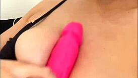 Slutty British girlfriend teases with dildo on webcam in horny solo pov