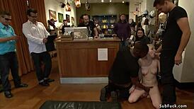 Blonde bound and gangbanged hard by bbc in public shoe shop
