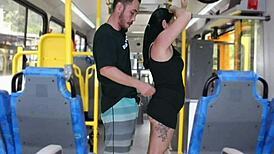 old fat guy jerks off and cums on curvy brunette in bus