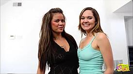 blonde mentor introduces brunette to sensual scissoring and kisses on tight pussies