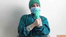 sexy nurse in latex gloves strokes patient cock hospital fetish