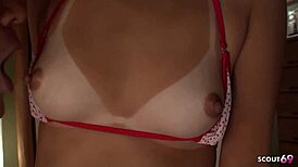 petite japanese stepdaughter with tan lines rides cock to creampie in bikini