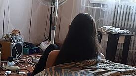 stepsister chills by fan reading as i secretly jerk big clit orgasm pov brunette lesbian