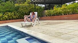 Naughty Redhead Andy Rose Licks and Rides Big Cock Poolside Gaping Wet