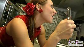 latex slave gets stuffed with cucumber punishment in kitchen 😩🍆