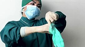 sexy nurse in latex gloves strokes patient cock hospital fetish