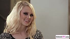 teen model spreads shaved pussy for boss's tongue then scissoring tribbing orgasm