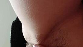 Skinny brunette masturbates hairy beaver solo until intense orgasm hits