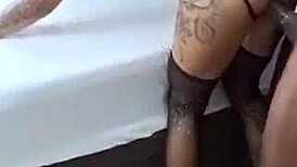 ebony babe's pierced saggy tits fucked by huge cock