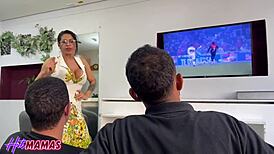 Dissatisfied milf forces two guys to fuck her pussy over tv