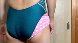 Japanese swim club girl in swimsuit gets anal trained with buttplug and spanking