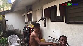 Chubby ebony girlfriend rides big black cock cowgirl in public outdoor threesome creampie wet