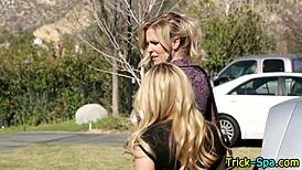 bikini babes massage each other outdoors by the pool in steamy garden session