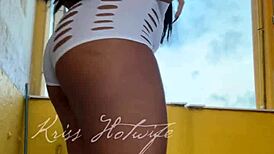 Naughty Brunette Wife Flashes Big Tits Ass Cameltoe in Short Shorts to Gym Friend Voyeur Style