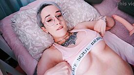 cute tattooed short hair teen fucks dildo machine with titty fuck solo