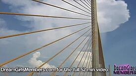 dream girl brunette with big tits goes topless nude flashing public in convertible over skyway bridge!