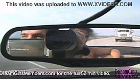 dream girl brunette with big tits goes topless nude flashing public in convertible over skyway bridge!