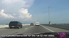 dream girl brunette with big tits goes topless nude flashing public in convertible over skyway bridge!