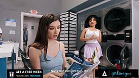 Bored girlfriends maya woulfe and summer col sneak passionate play at laundromat