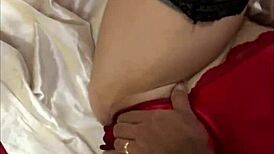 french amateur in red satin leopard bodysuit and black leather pants heels pov deepthroat rimming doggystyle