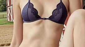 lingerie models pose barefoot around the country ranch