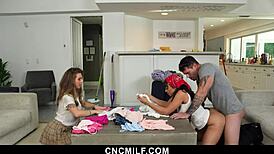 stepmom trains stepson with milf tits blowjob riding doggystyle and group threesome