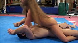 cathy heaven dominates james in nude wrestling blowjob bout