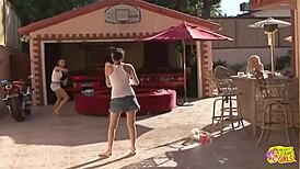 Three Sexy Lesbians Share Double Dildo on Couch Fun