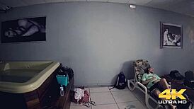 Young big tits babe blows monster cock in sauna