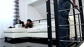 cindy spreads legs wide fucked hard in black stockings garter belt high heels and lingerie