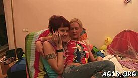 Two sexy lesbian babes seduce each other riding dildos in their steamy sex tape.