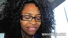 bootylicious ebony babe drops to knees for deep shaved pussy licking and cock sucking