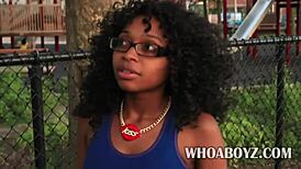 bootylicious ebony babe drops to knees for deep shaved pussy licking and cock sucking