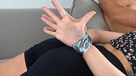 Mom's bound friend eagerly sucks cock while moaning deeply